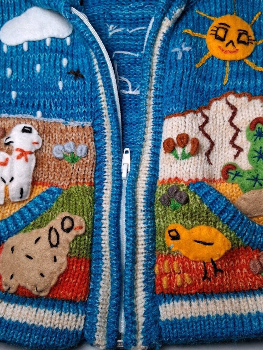 Hand Knit Peruvian Cardigan Sweater Kids Blue Mountain Sheep Sun Snail Zip - Picture 16 of 16